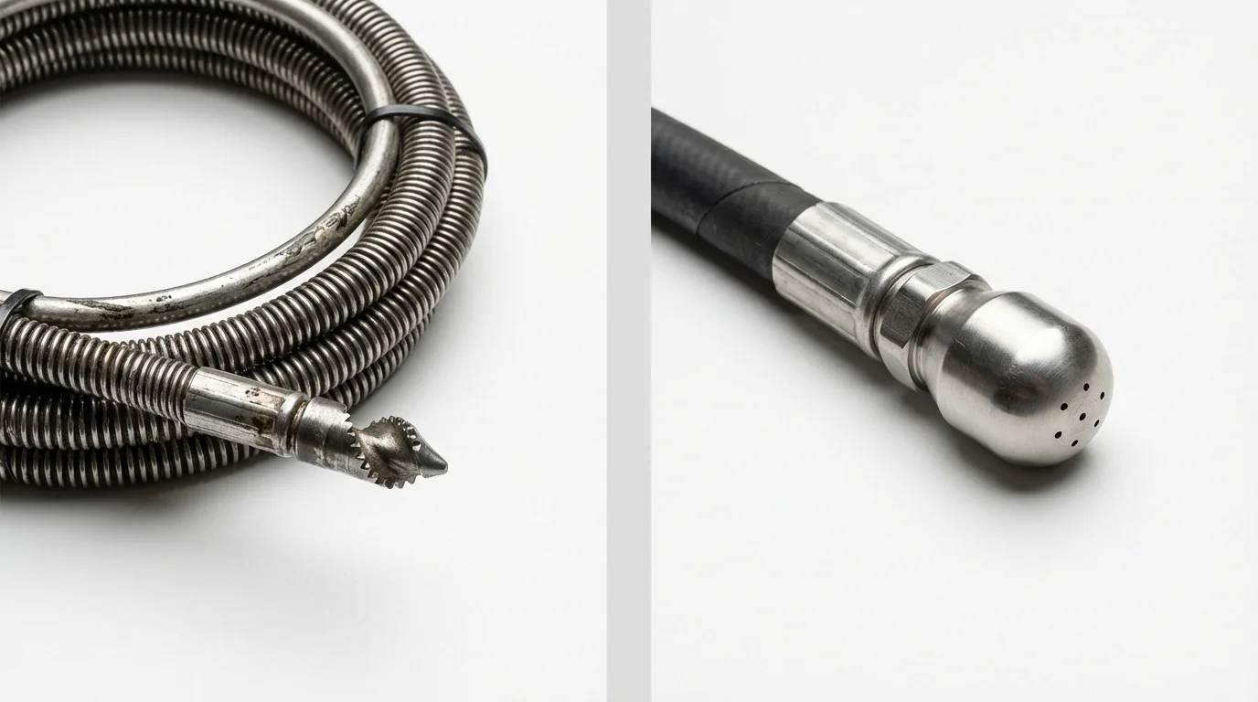 Drain snake cable and hydro jetting nozzle used for drain cleaning in Lancaster, OH