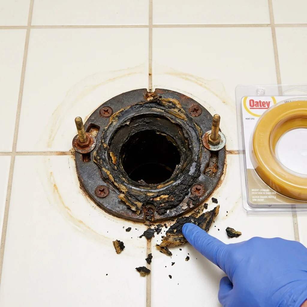Failed wax ring showing water seepage at the base of a toilet in a Lancaster, OH home