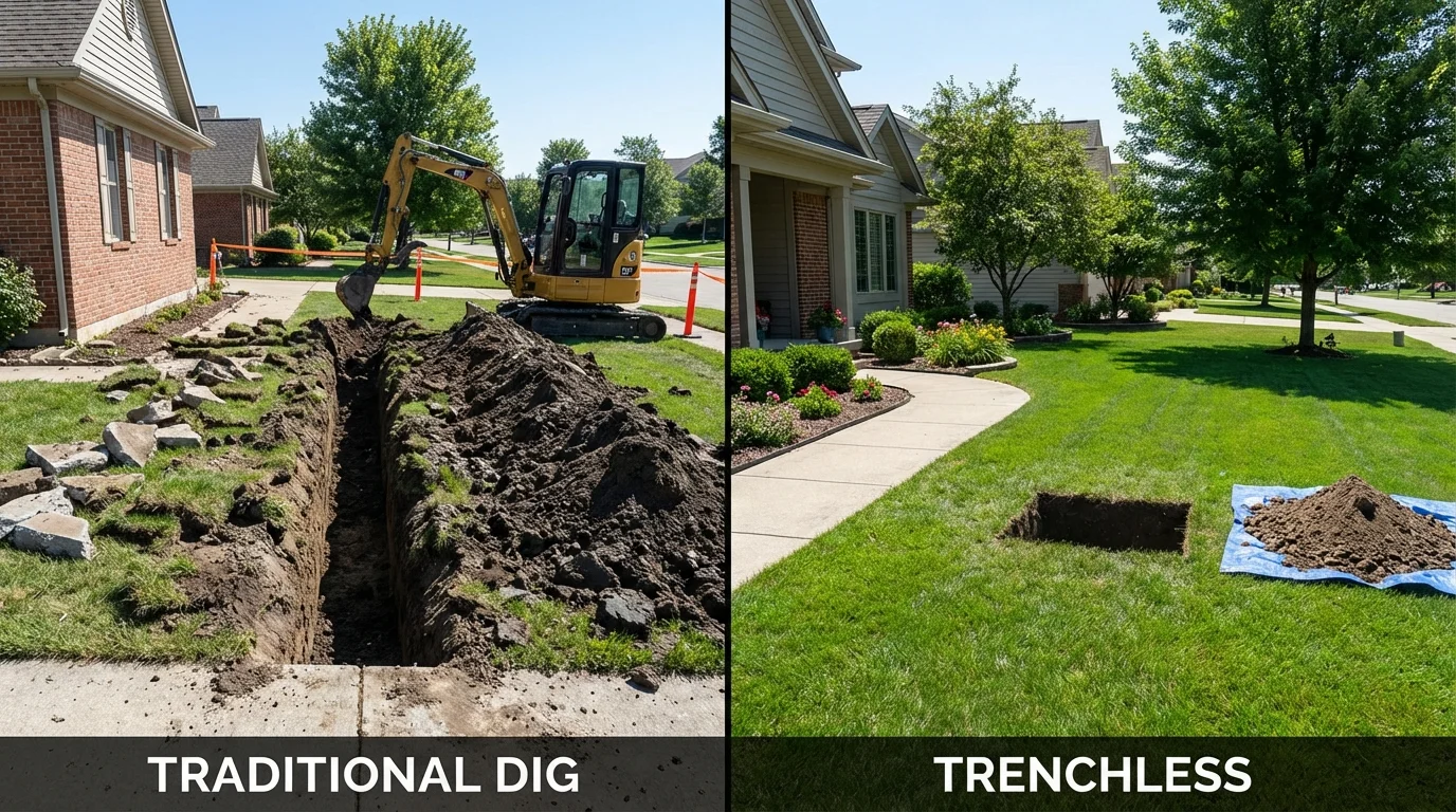 Trenchless sewer repair with minimal yard damage versus traditional excavation in Lancaster, OH
