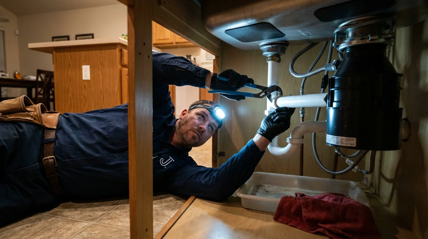 P-trap and supply line connections under a kitchen sink showing a common leak point in Lancaster, OH
